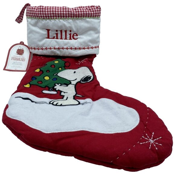 Pottery Barn Kids Lillie Peanuts Snoopy Quilted Christmas Tree Holiday Stocking - Picture 13 of 14